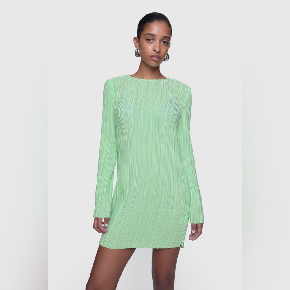 Rebecca Minkoff Iris Pleated Long Sleeve Mini Dress Matcha Green Medium NWT